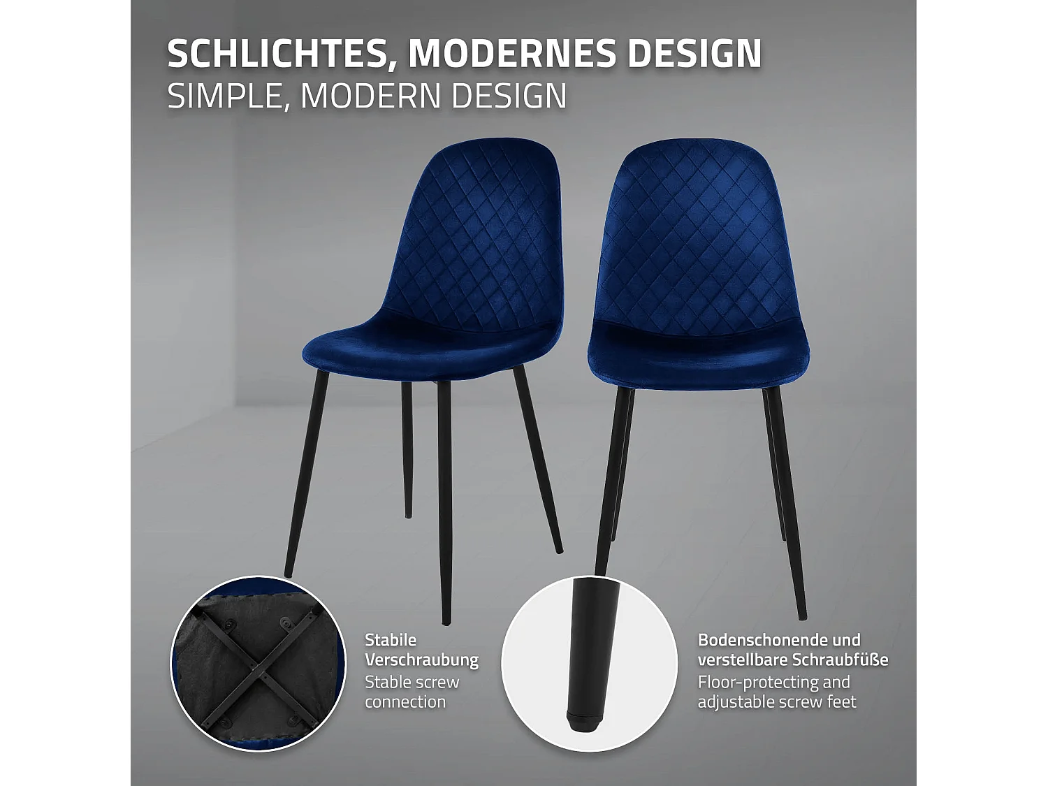 Lot de 4 chaises de salle à manger bleu foncé dossier incurvé ergonomique assise rembourrée velours piètement métallique noir design moderne raffiné