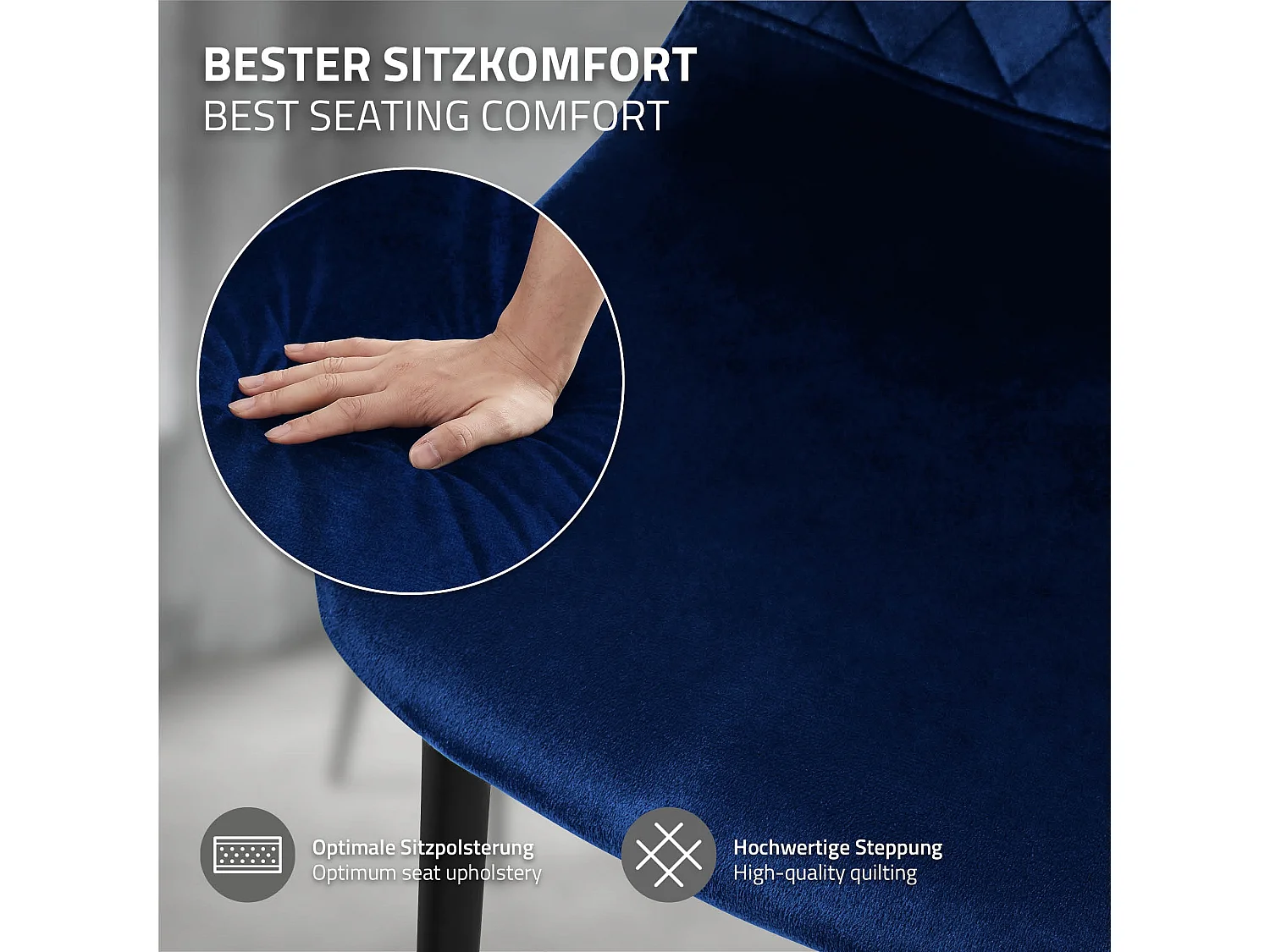 Lot de 4 chaises de salle à manger bleu foncé dossier incurvé ergonomique assise rembourrée velours piètement métallique noir design moderne raffiné