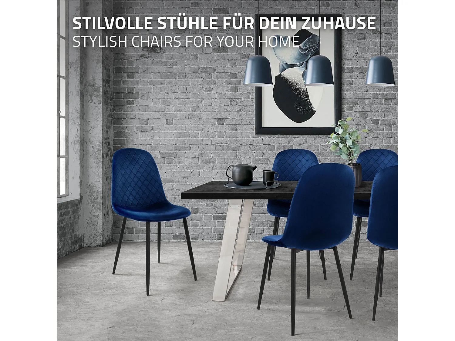 Lot de 4 chaises de salle à manger bleu foncé dossier incurvé ergonomique assise rembourrée velours piètement métallique noir design moderne raffiné