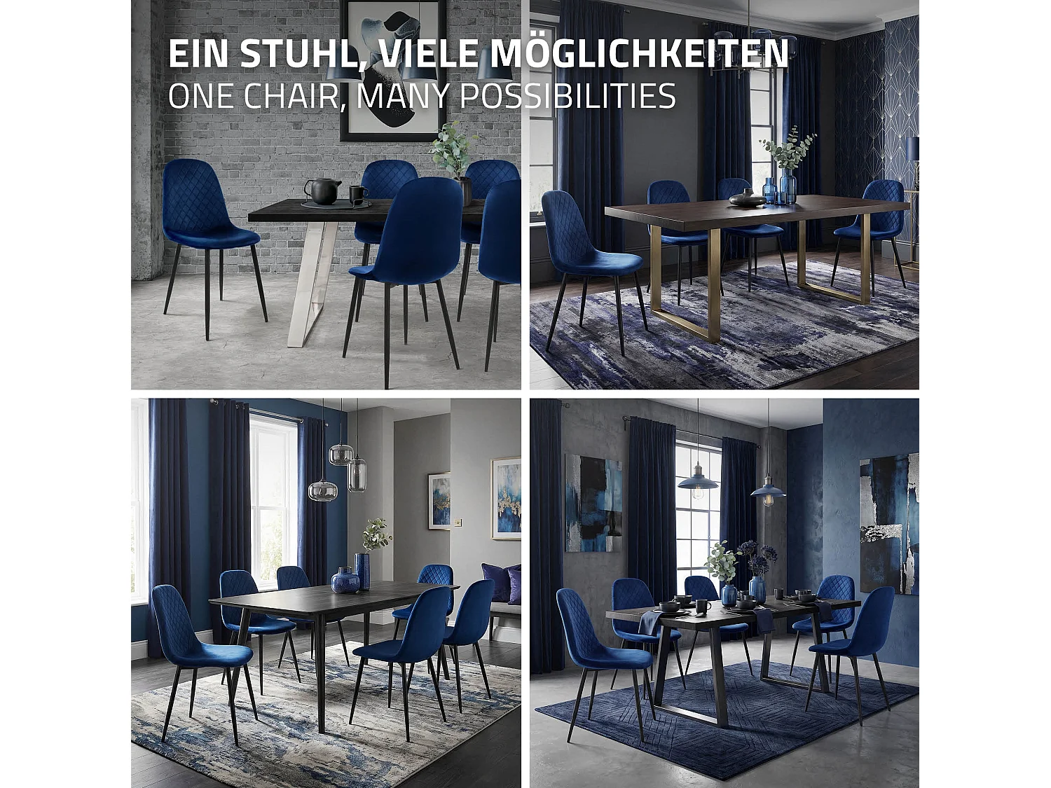 Lot de 4 chaises de salle à manger bleu foncé dossier incurvé ergonomique assise rembourrée velours piètement métallique noir design moderne raffiné