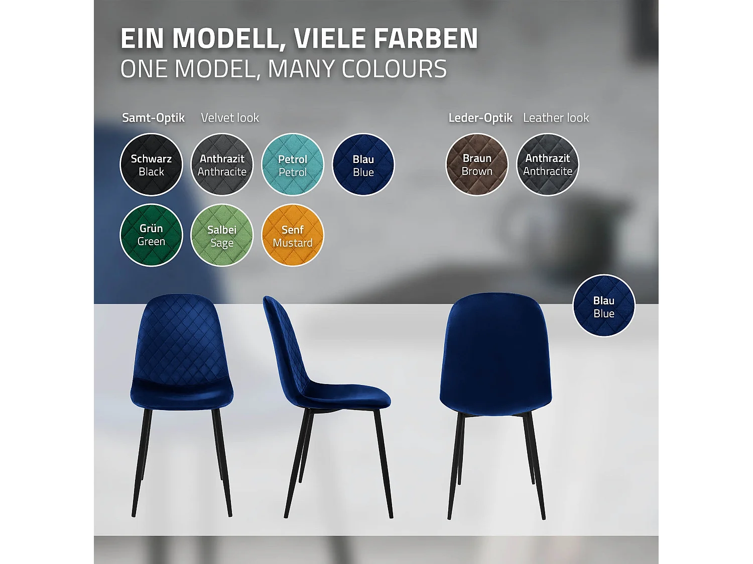 Lot de 4 chaises de salle à manger bleu foncé dossier incurvé ergonomique assise rembourrée velours piètement métallique noir design moderne raffiné