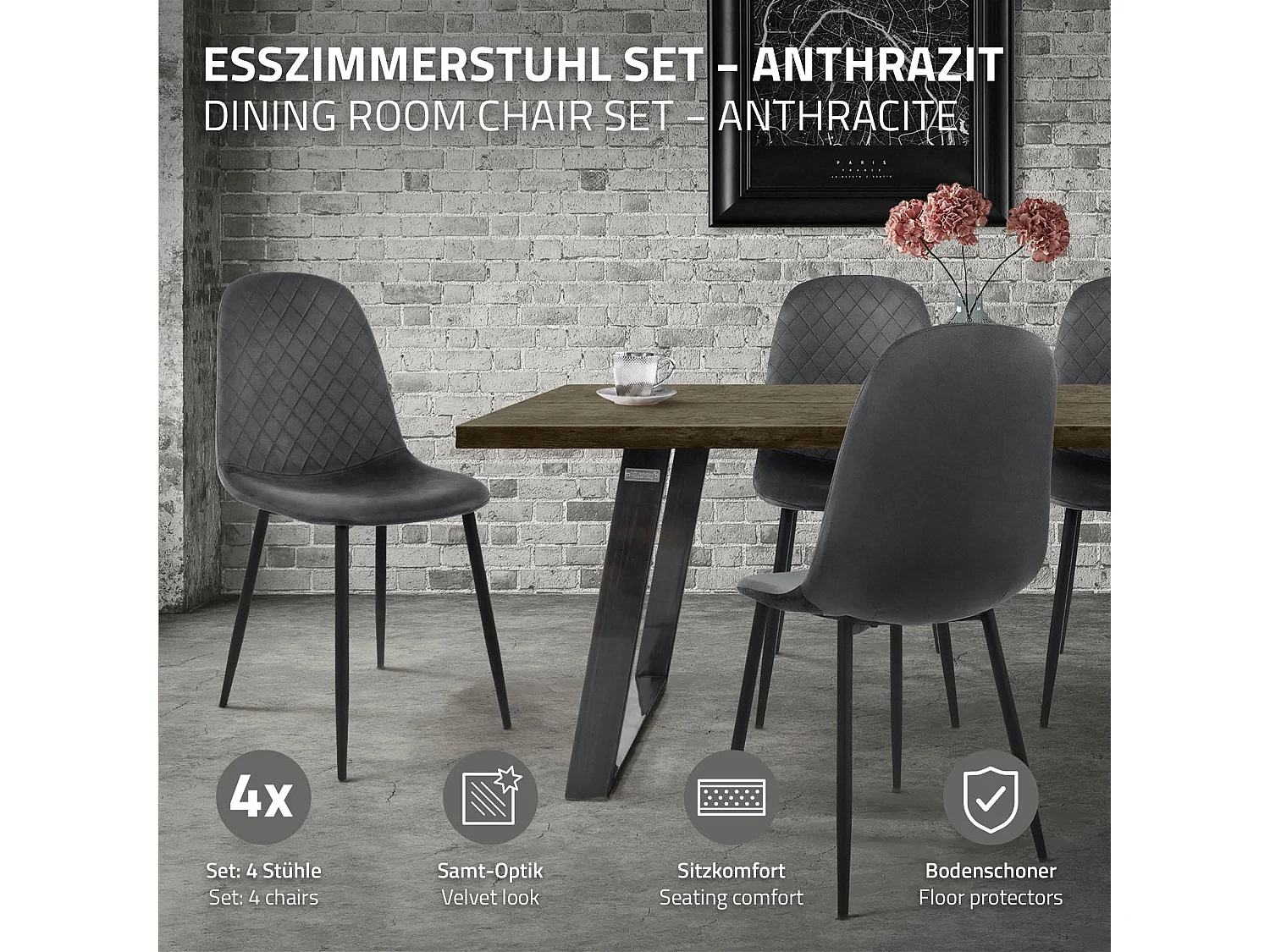 Lot de 4 chaises de salle à manger anthracite dossier incurvé ergonomique assise rembourrée velours piètement métallique noir design moderne raffiné