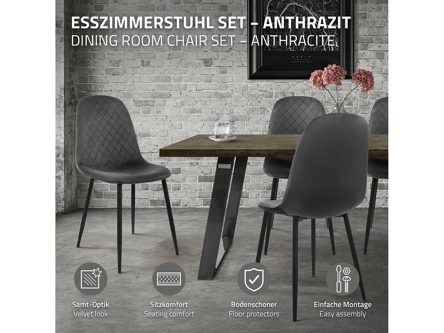 Lot de 4 chaises de salle à manger anthracite dossier incurvé ergonomique assise rembourrée velours piètement métallique noir design moderne raffiné