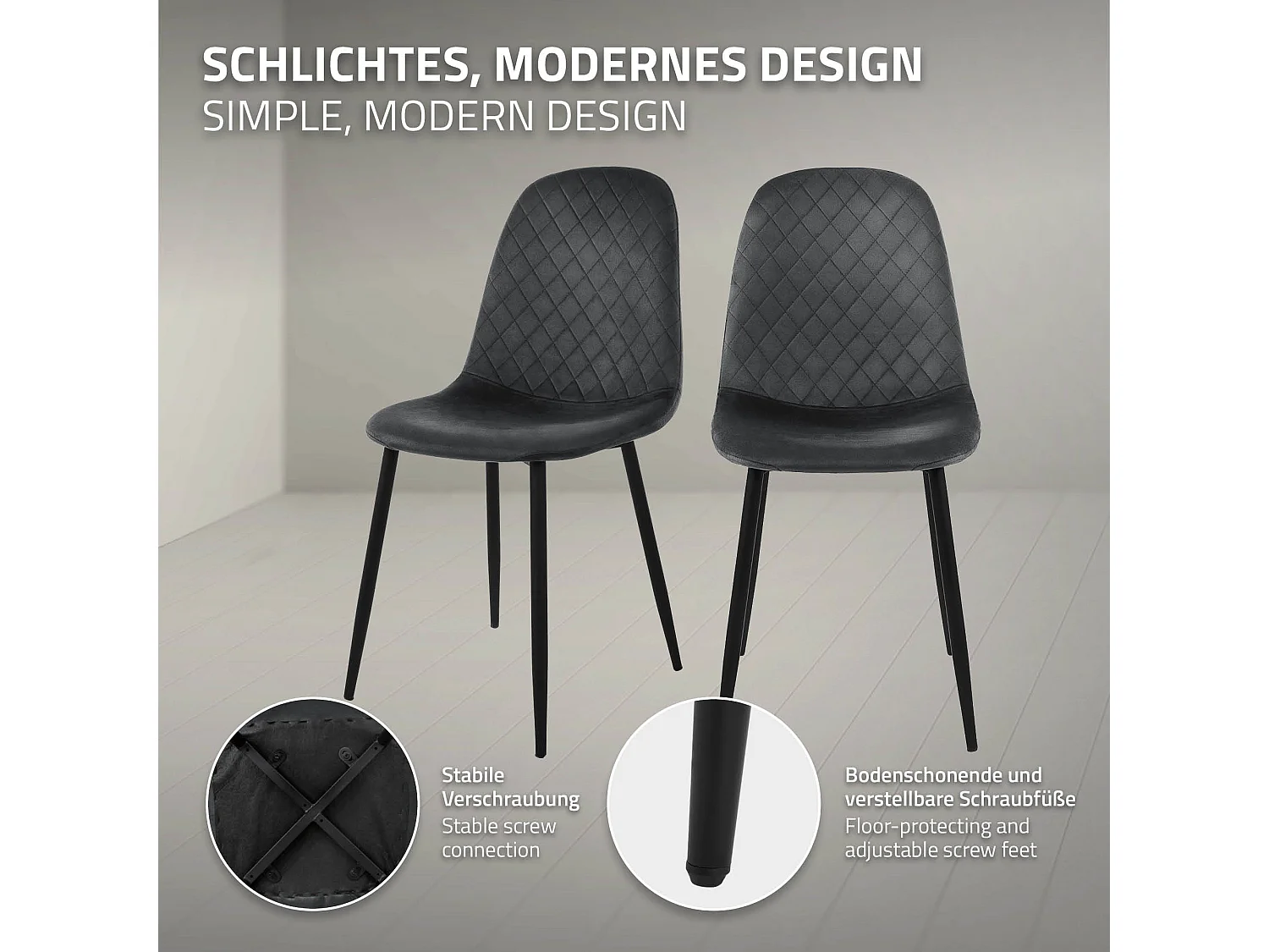 Lot de 4 chaises de salle à manger anthracite dossier incurvé ergonomique assise rembourrée velours piètement métallique noir design moderne raffiné