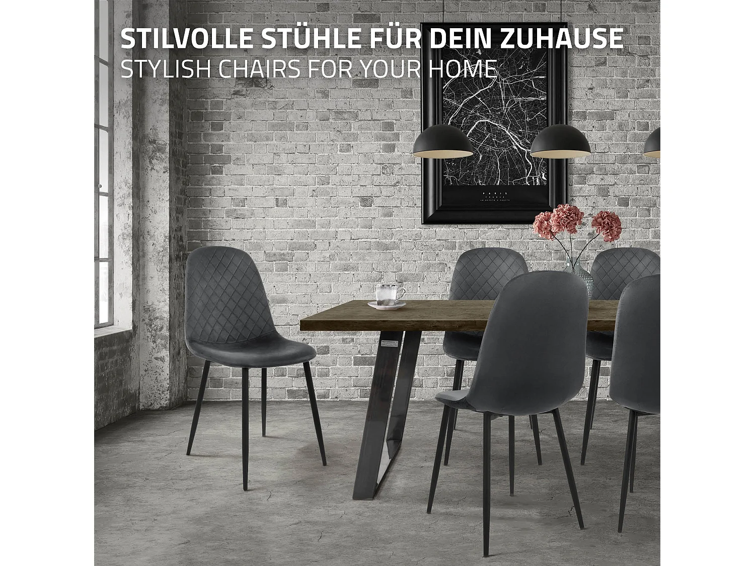 Lot de 4 chaises de salle à manger anthracite dossier incurvé ergonomique assise rembourrée velours piètement métallique noir design moderne raffiné