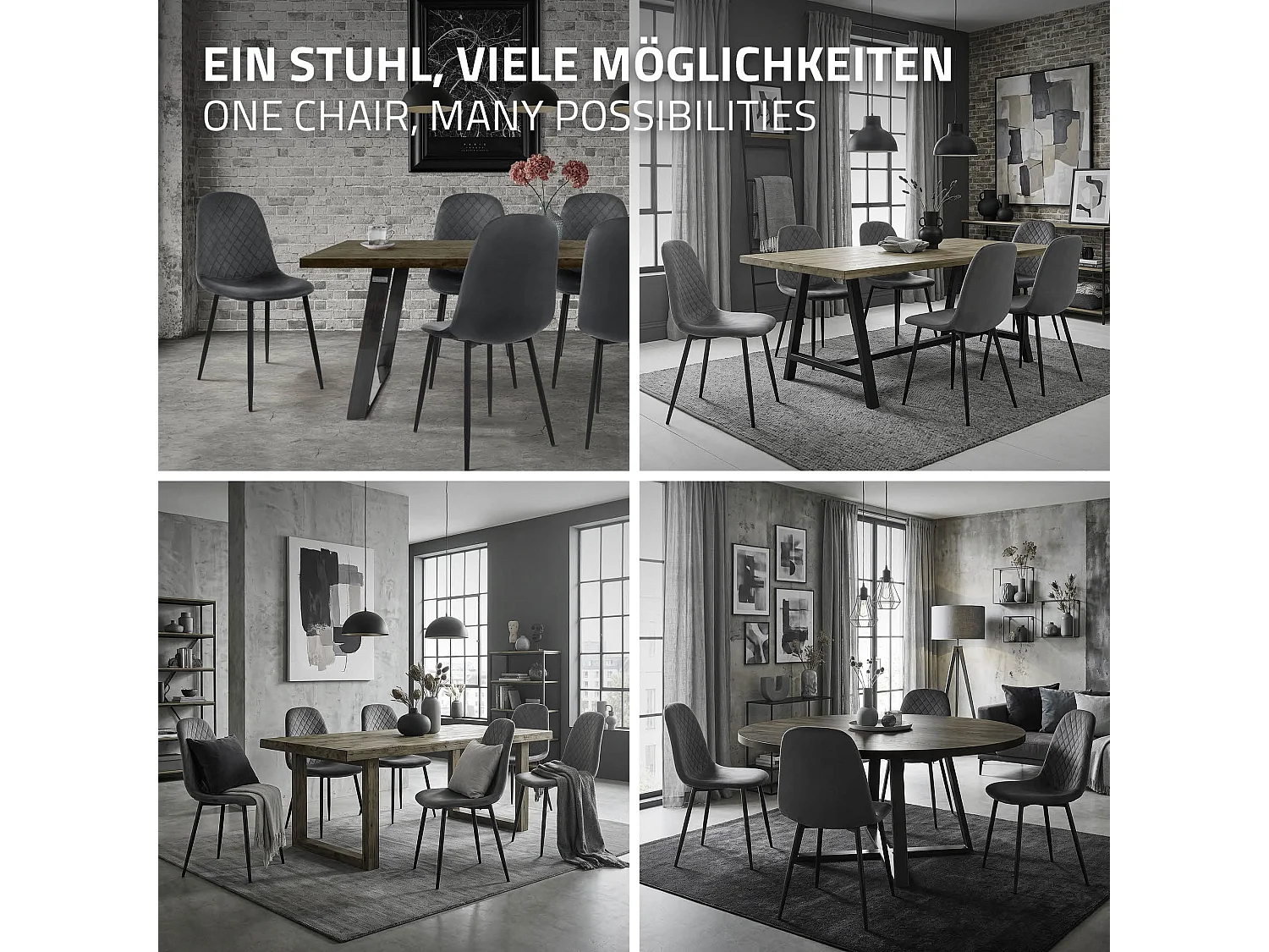 Lot de 4 chaises de salle à manger anthracite dossier incurvé ergonomique assise rembourrée velours piètement métallique noir design moderne raffiné