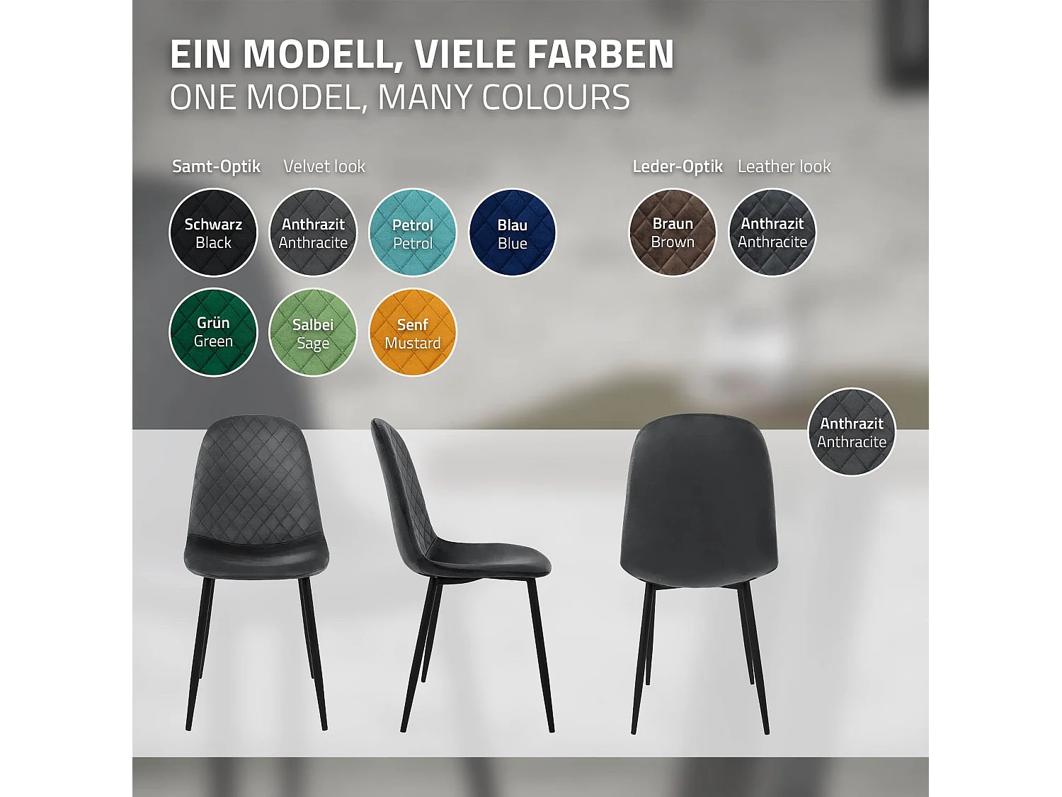 Lot de 4 chaises de salle à manger anthracite dossier incurvé ergonomique assise rembourrée velours piètement métallique noir design moderne raffiné