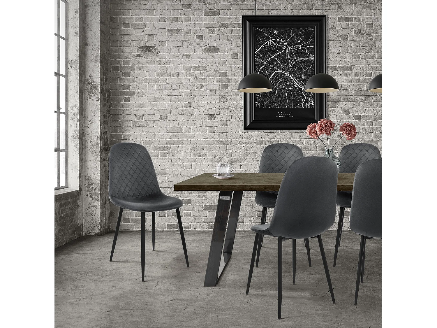 Lot de 4 chaises de salle à manger anthracite dossier incurvé ergonomique assise rembourrée velours piètement métallique noir design moderne raffiné