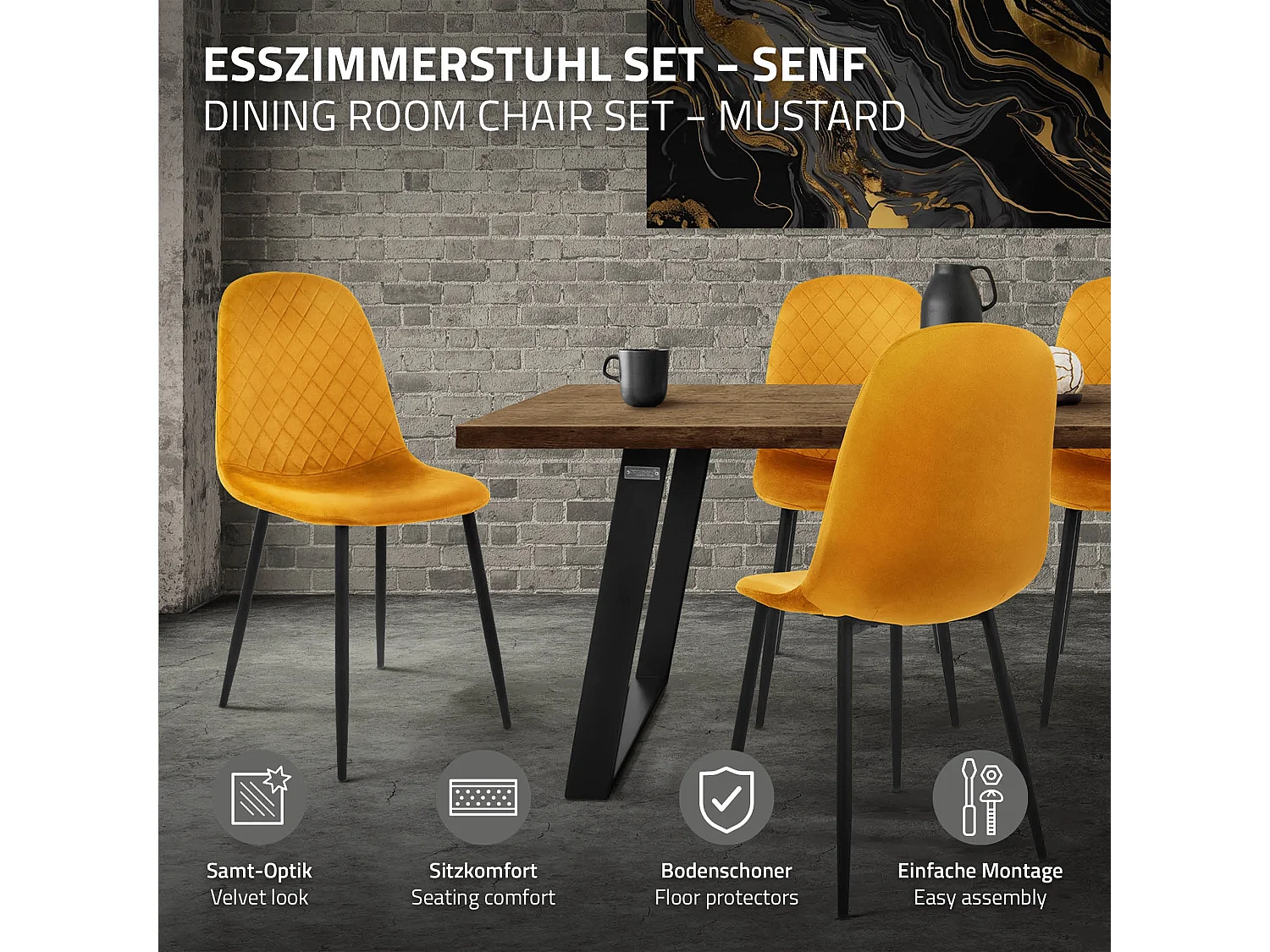 ML-Design 4x Sillas de comedor mostaza tapizado piel sintética con respaldo y patas de metal sillón de diseño moderno para mesa de salón