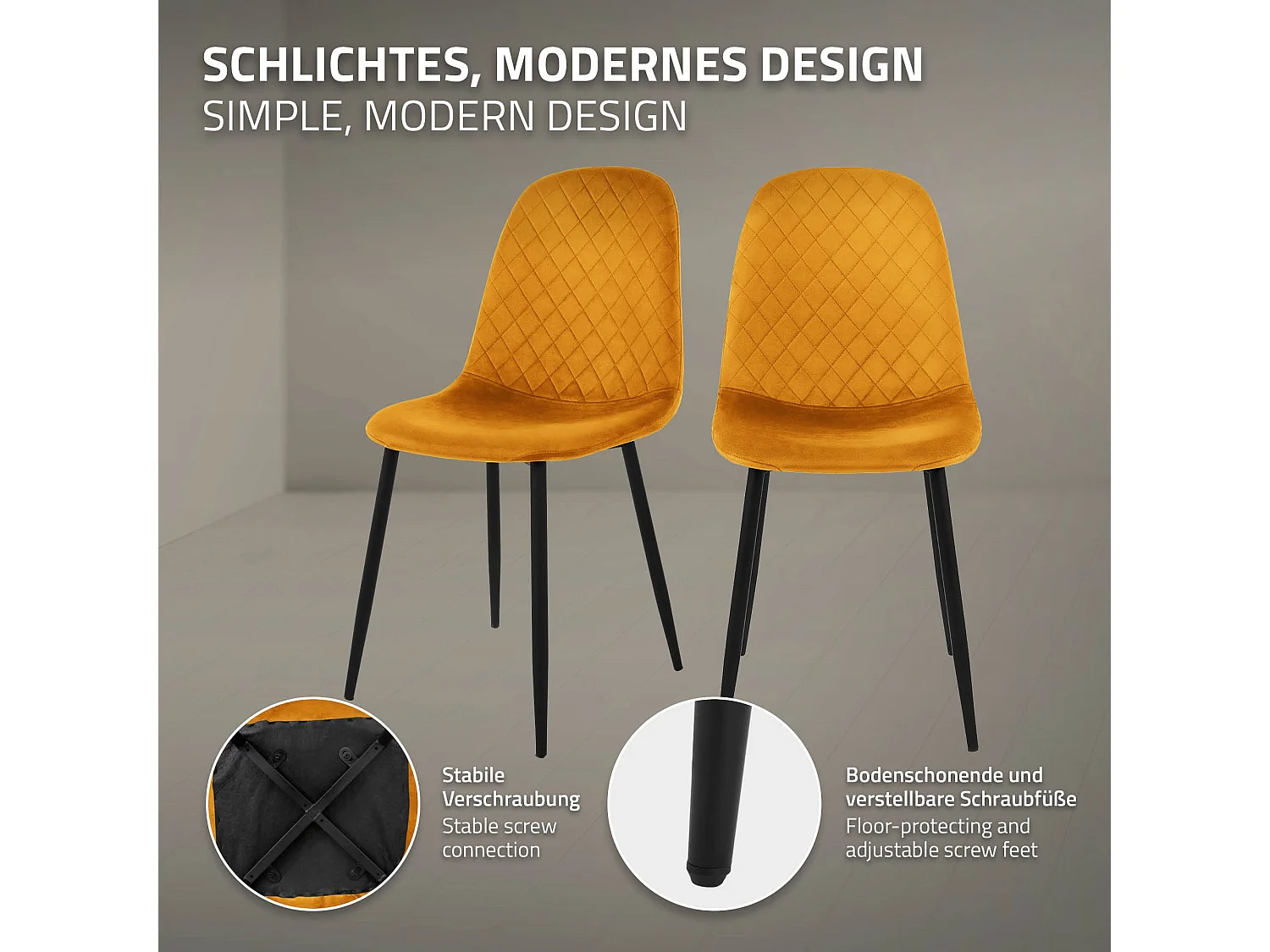 ML-Design 4x Sillas de comedor mostaza tapizado piel sintética con respaldo y patas de metal sillón de diseño moderno para mesa de salón