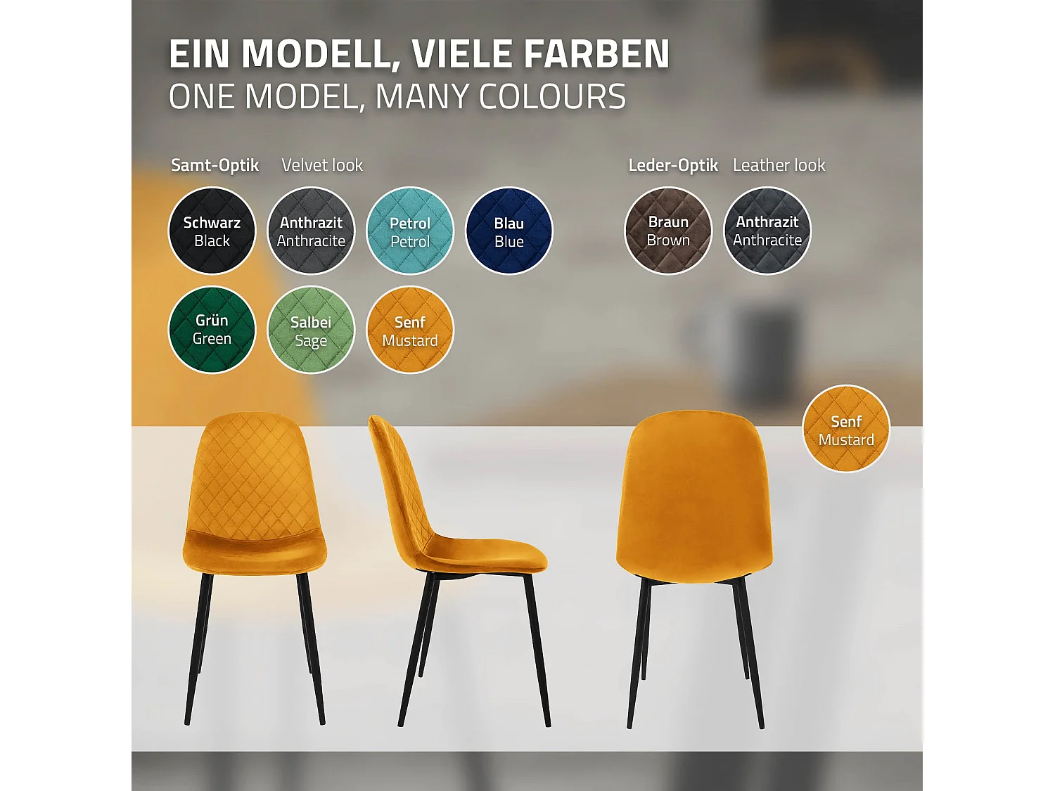ML-Design 4x Sillas de comedor mostaza tapizado piel sintética con respaldo y patas de metal sillón de diseño moderno para mesa de salón