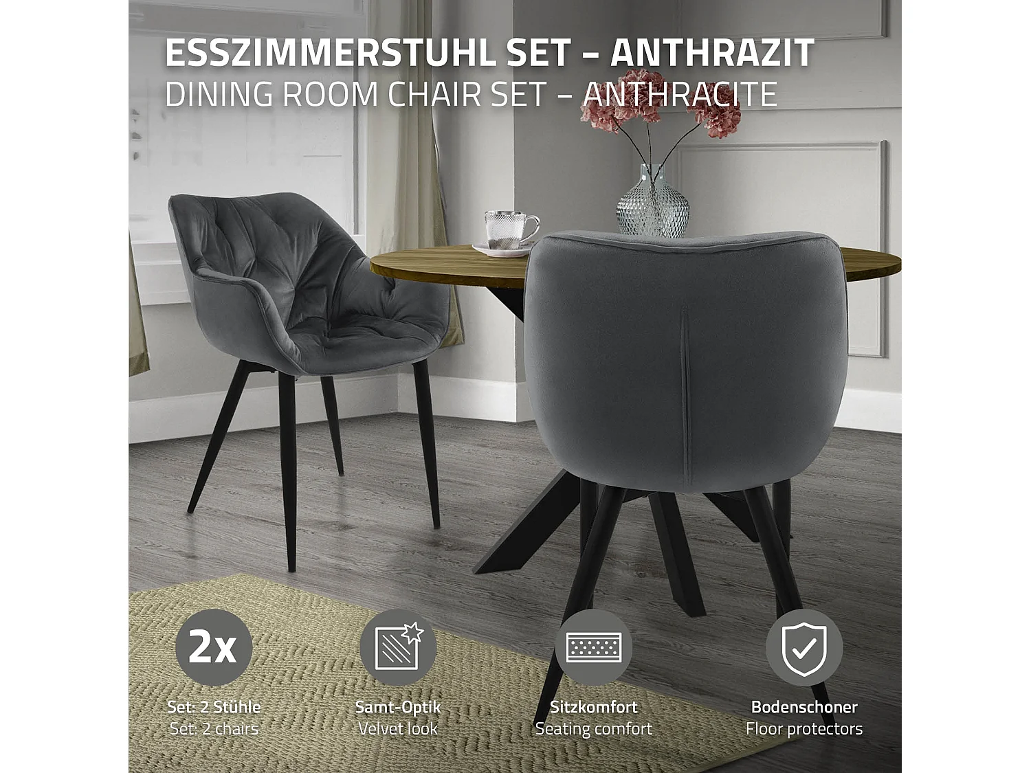 Chaise de salle à manger 2 pièces Anthracite Housse en velours avec pieds en métal, matériel de montage inclus ML-Design