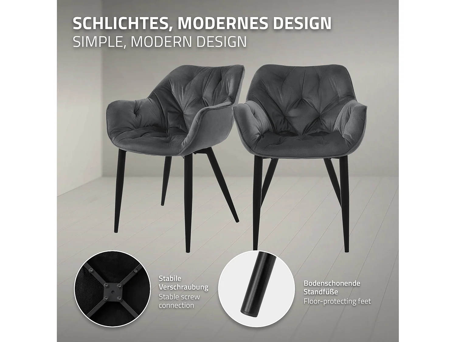 Chaise de salle à manger 2 pièces Anthracite Housse en velours avec pieds en métal, matériel de montage inclus ML-Design