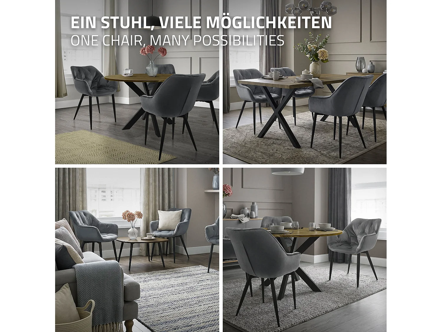 Chaise de salle à manger 2 pièces Anthracite Housse en velours avec pieds en métal, matériel de montage inclus ML-Design