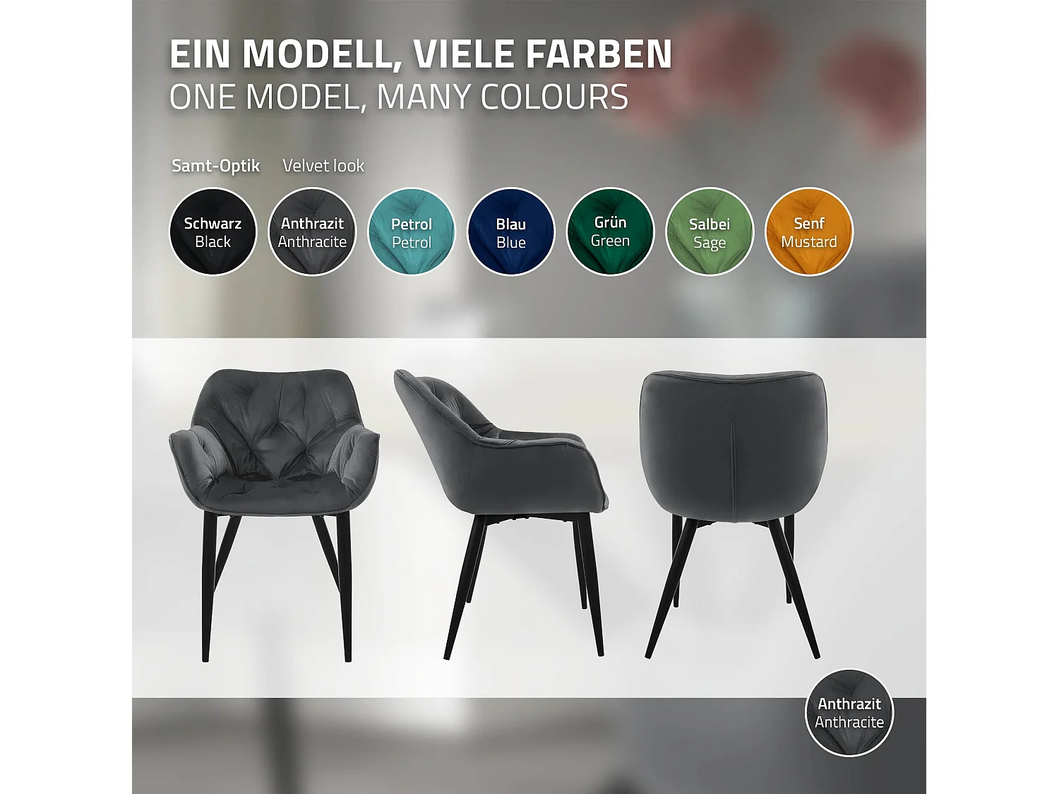 Chaise de salle à manger 2 pièces Anthracite Housse en velours avec pieds en métal, matériel de montage inclus ML-Design