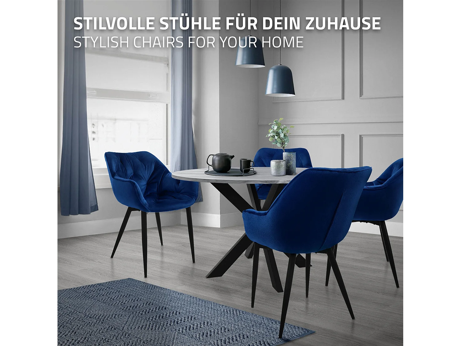 Chaise de salle à manger, lot de 2, bleu foncé, revêtement velours, pieds métalliques, matériel de montage inclus ML-Design