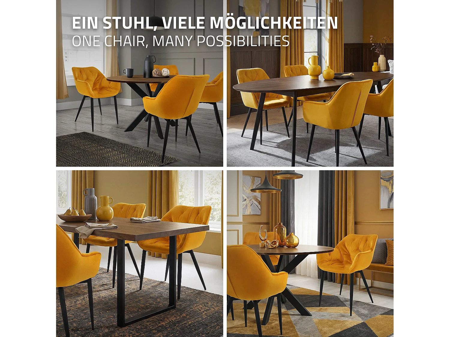 Silla de comedor set de 2 funda de terciopelo amarillo mostaza con patas de metal incl. material de montaje ML-Design