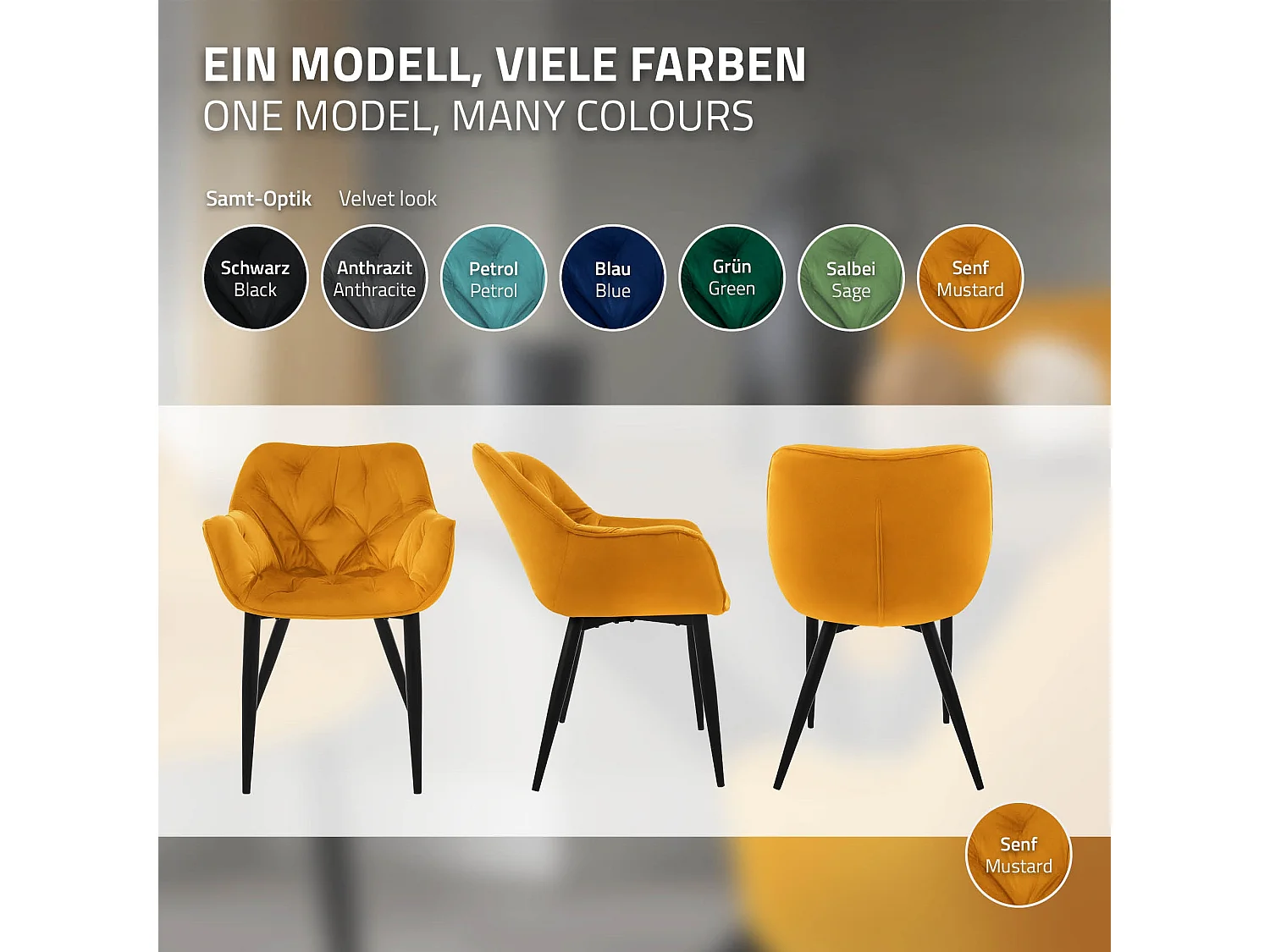 Silla de comedor set de 2 funda de terciopelo amarillo mostaza con patas de metal incl. material de montaje ML-Design