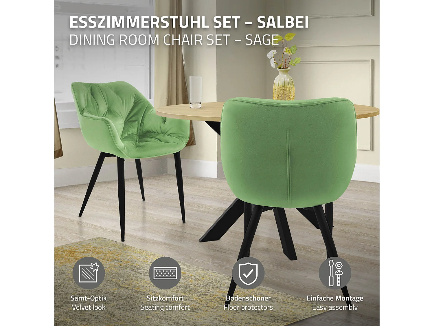 Silla de comedor juego de 2 funda de terciopelo salvia con patas de metal incl. material de montaje ML-Design