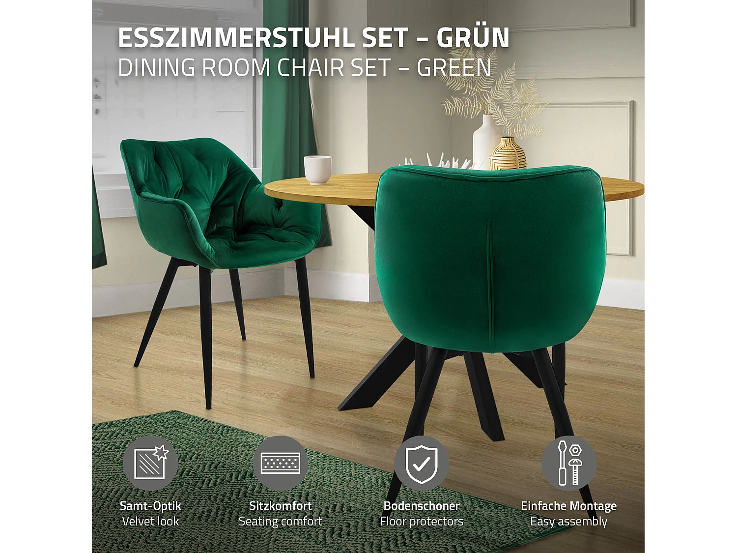 Chaise de salle à manger, lot de 2, vert foncé, revêtement velours, pieds métalliques, matériel de montage inclus ML-Design