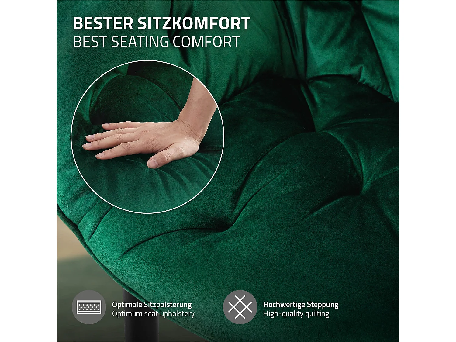 Chaise de salle à manger, lot de 2, vert foncé, revêtement velours, pieds métalliques, matériel de montage inclus ML-Design