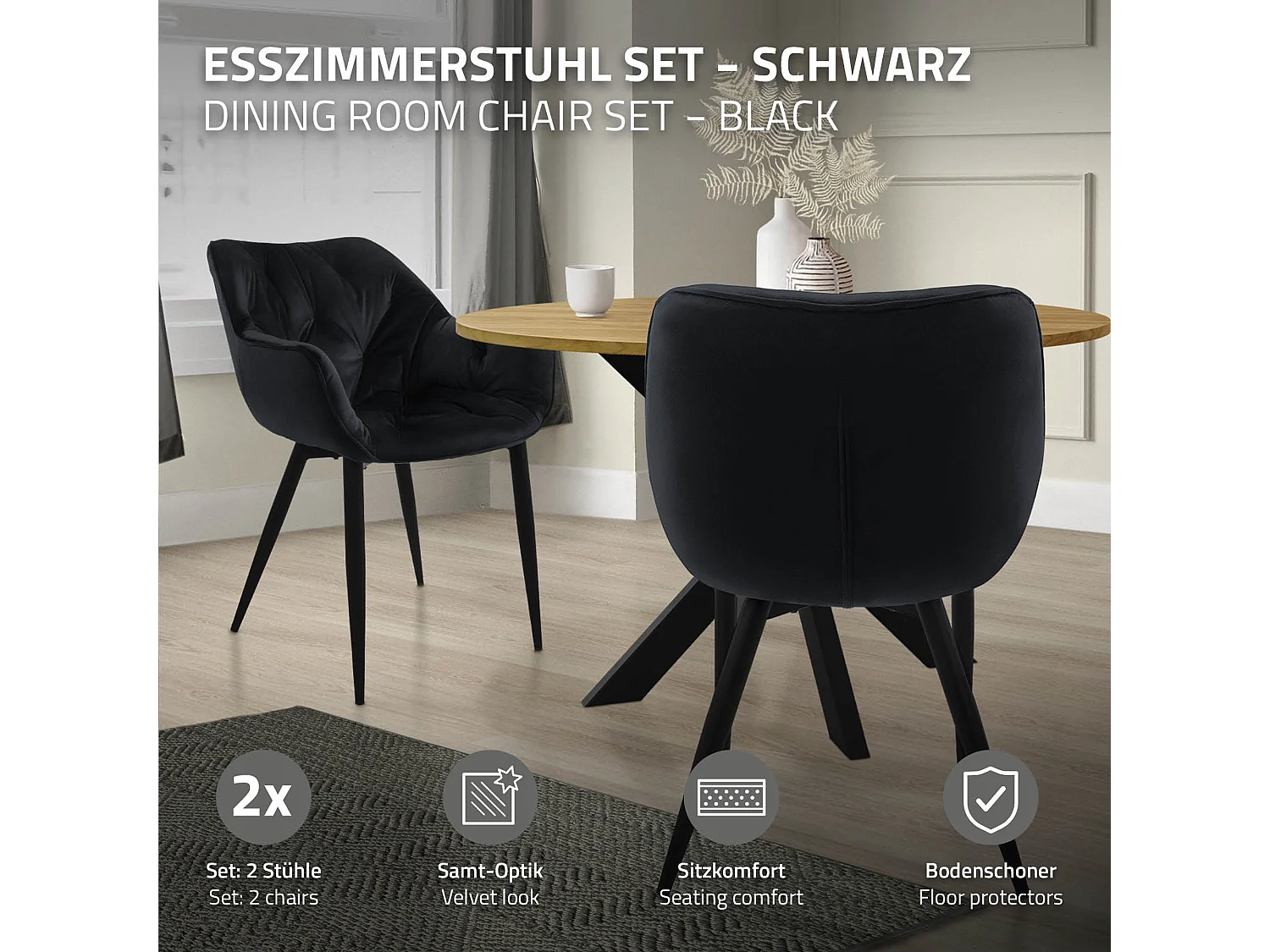 Chaise de salle à manger, lot de 2, revêtement en velours noir avec pieds en métal, matériel de montage inclus ML-Design