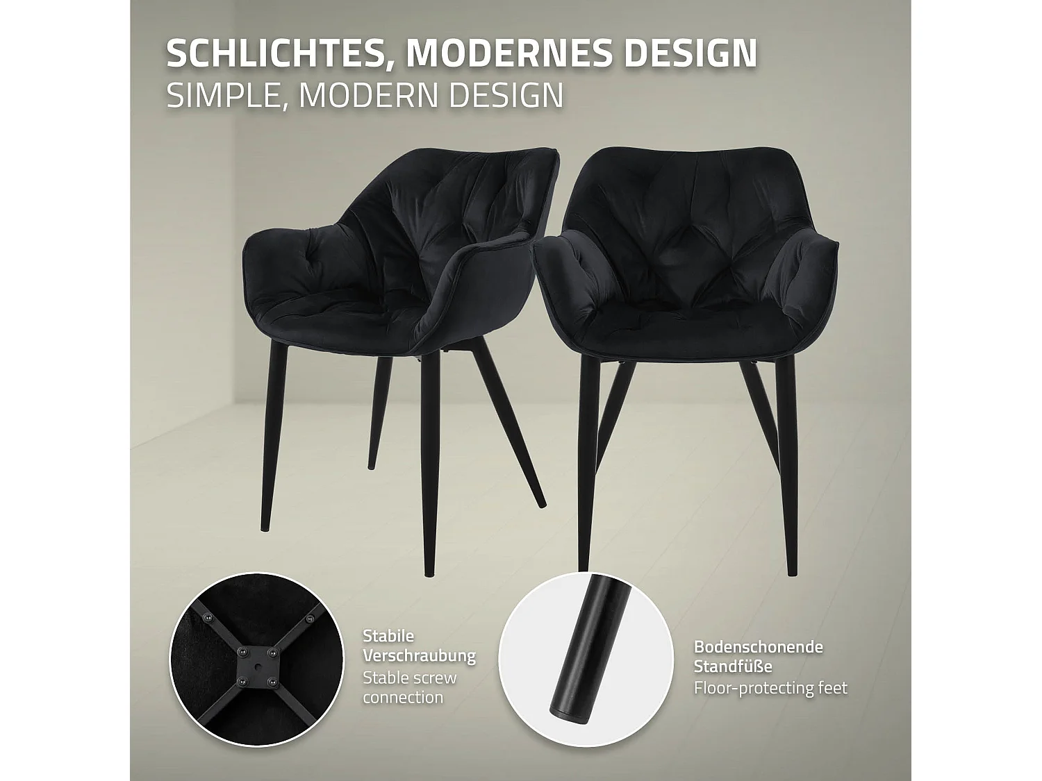 Chaise de salle à manger, lot de 2, revêtement en velours noir avec pieds en métal, matériel de montage inclus ML-Design