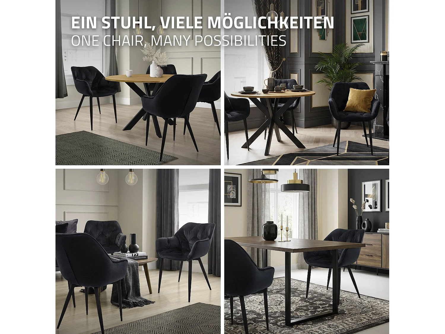 Chaise de salle à manger, lot de 2, revêtement en velours noir avec pieds en métal, matériel de montage inclus ML-Design