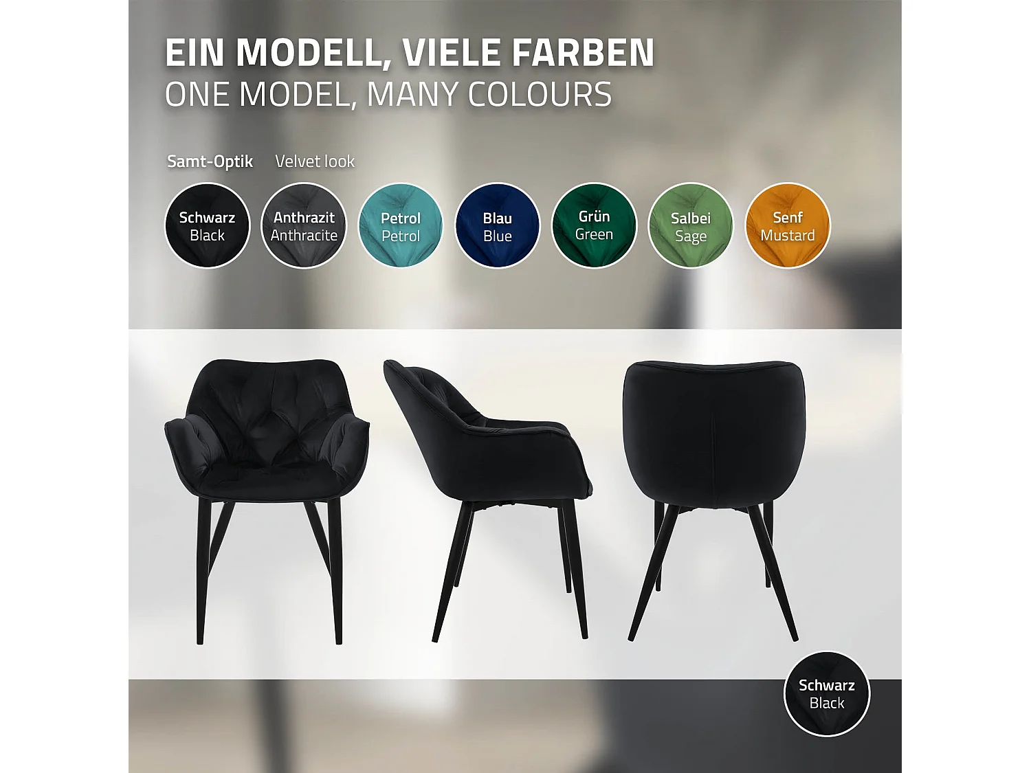 Chaise de salle à manger, lot de 2, revêtement en velours noir avec pieds en métal, matériel de montage inclus ML-Design