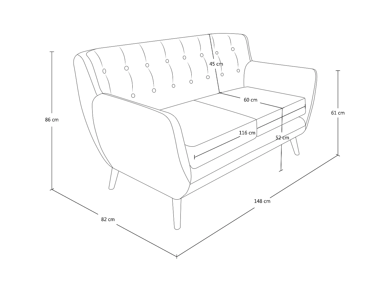 Divano 2 posti in tessuto rosa  dallo stile scandinavo mod. Emily