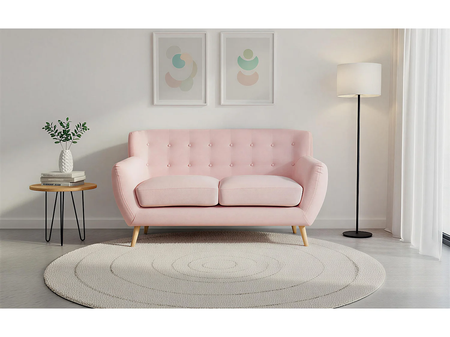 Divano 2 posti in tessuto rosa  dallo stile scandinavo mod. Emily