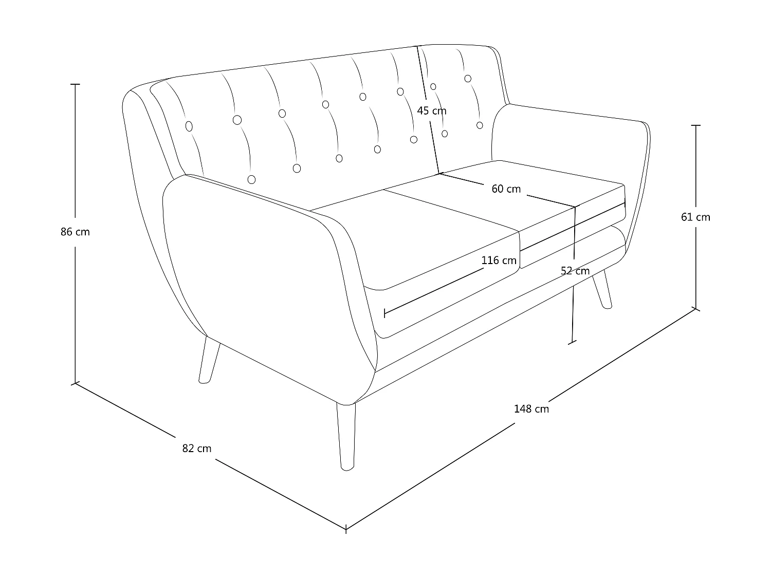 Divano 2 posti in tessuto grigio scuro dallo stile scandinavo mod. Emily