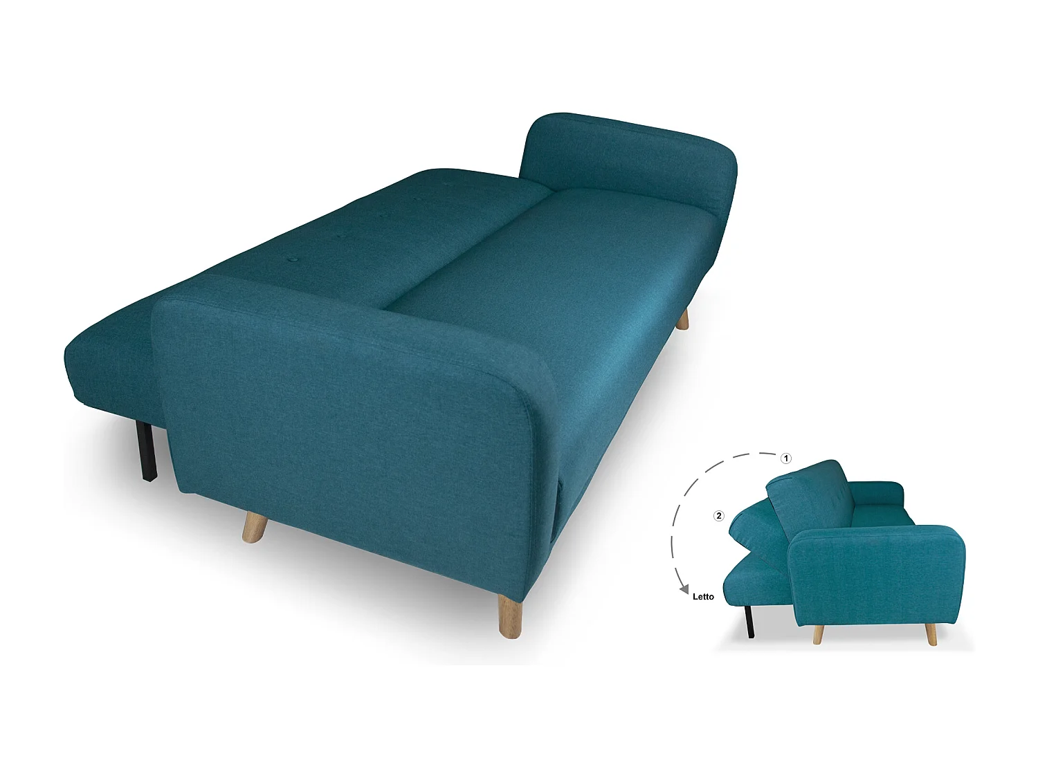 Divano letto clic clac in tessuto blu petrolio, divano 3 posti mod. Henry