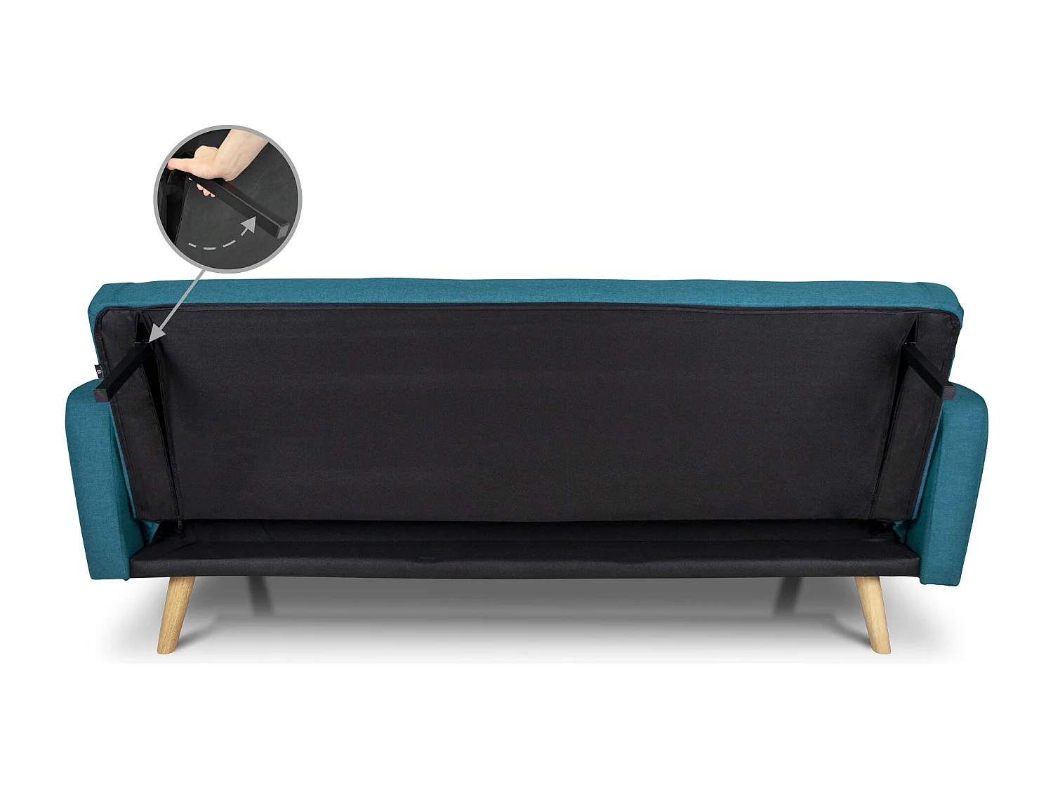 Divano letto clic clac in tessuto blu petrolio, divano 3 posti mod. Henry