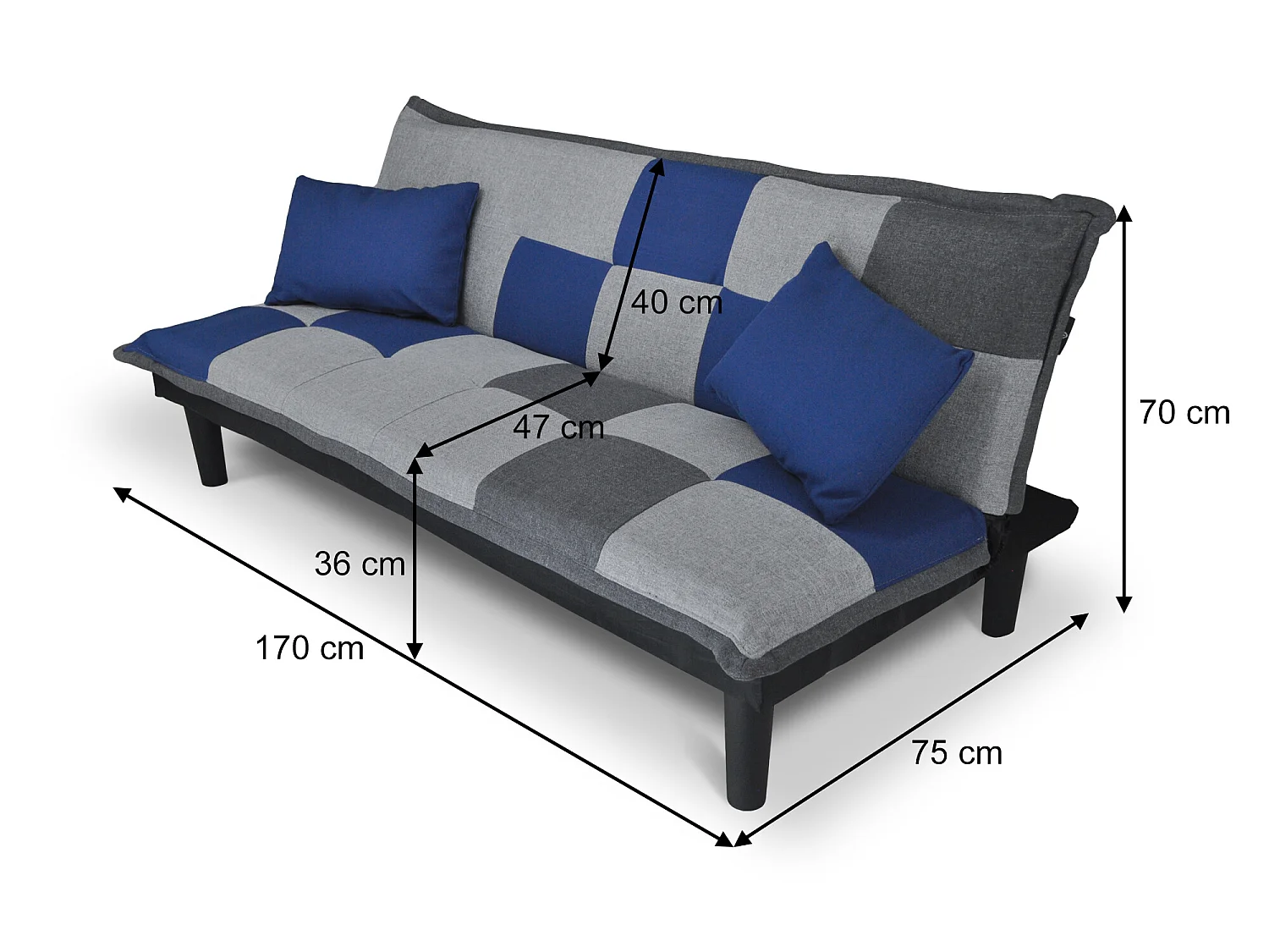 Divano letto clic clac Russell in tessuto grigio scuro-blu-grigio chiaro