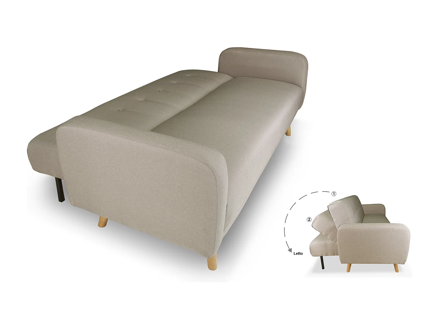 Divano letto clic clac in tessuto tortora, divano 3 posti mod. Henry