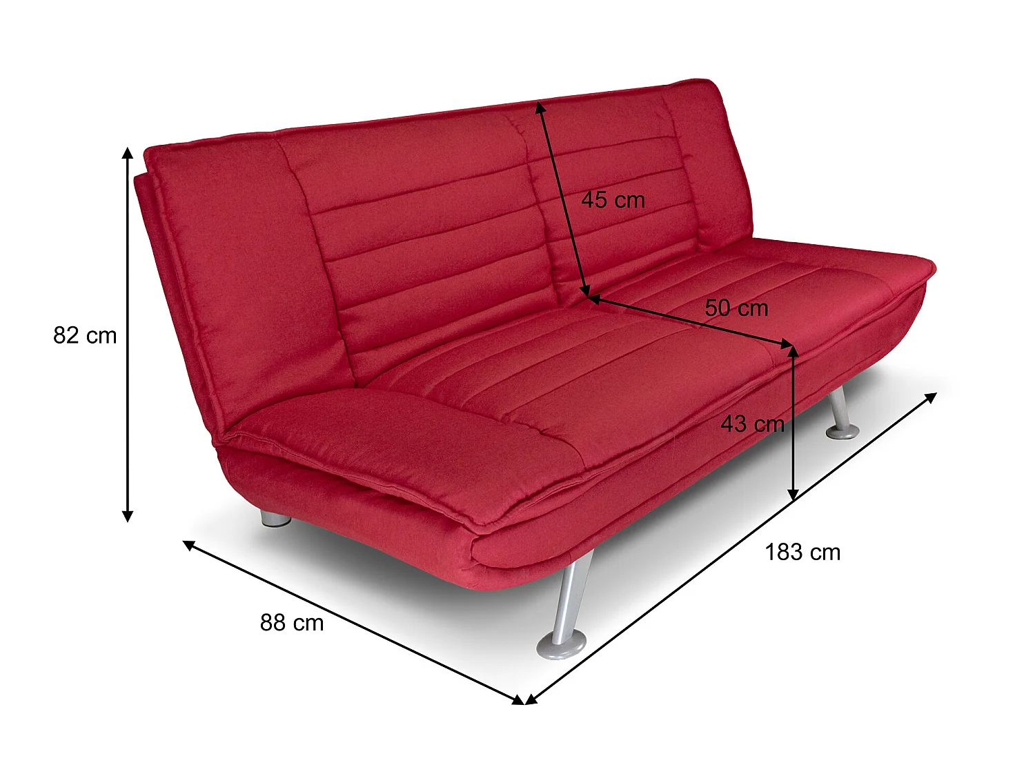 Divano letto clic clac in tessuto rosso, divano 3 posti mod. Iris