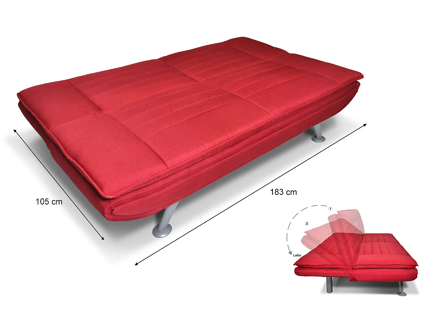 Divano letto clic clac in tessuto rosso, divano 3 posti mod. Iris