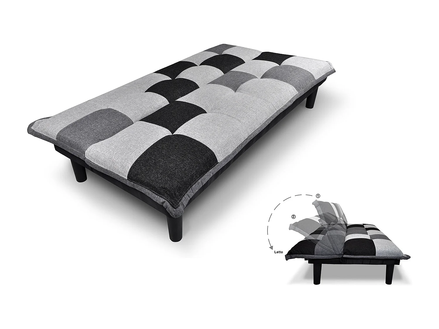 Divano letto clic clac Russell, in tessuto grigio scuro-nero-grigio chiaro