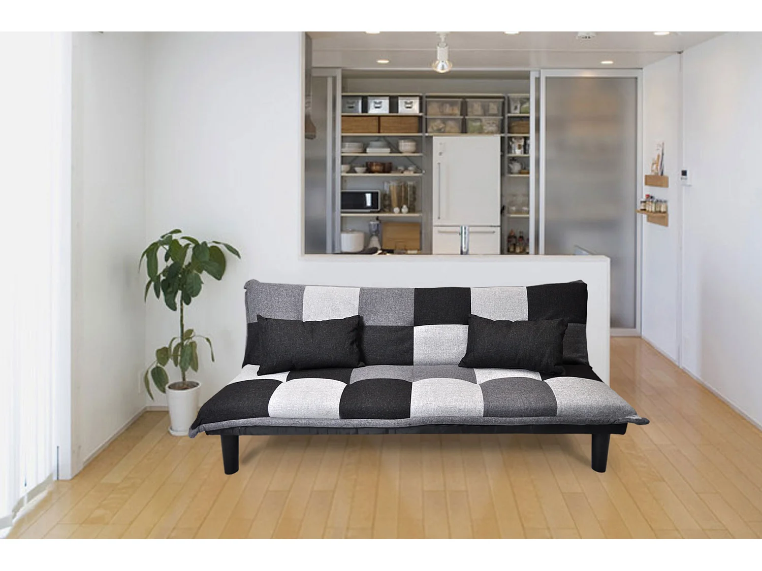 Divano letto clic clac Russell, in tessuto grigio scuro-nero-grigio chiaro