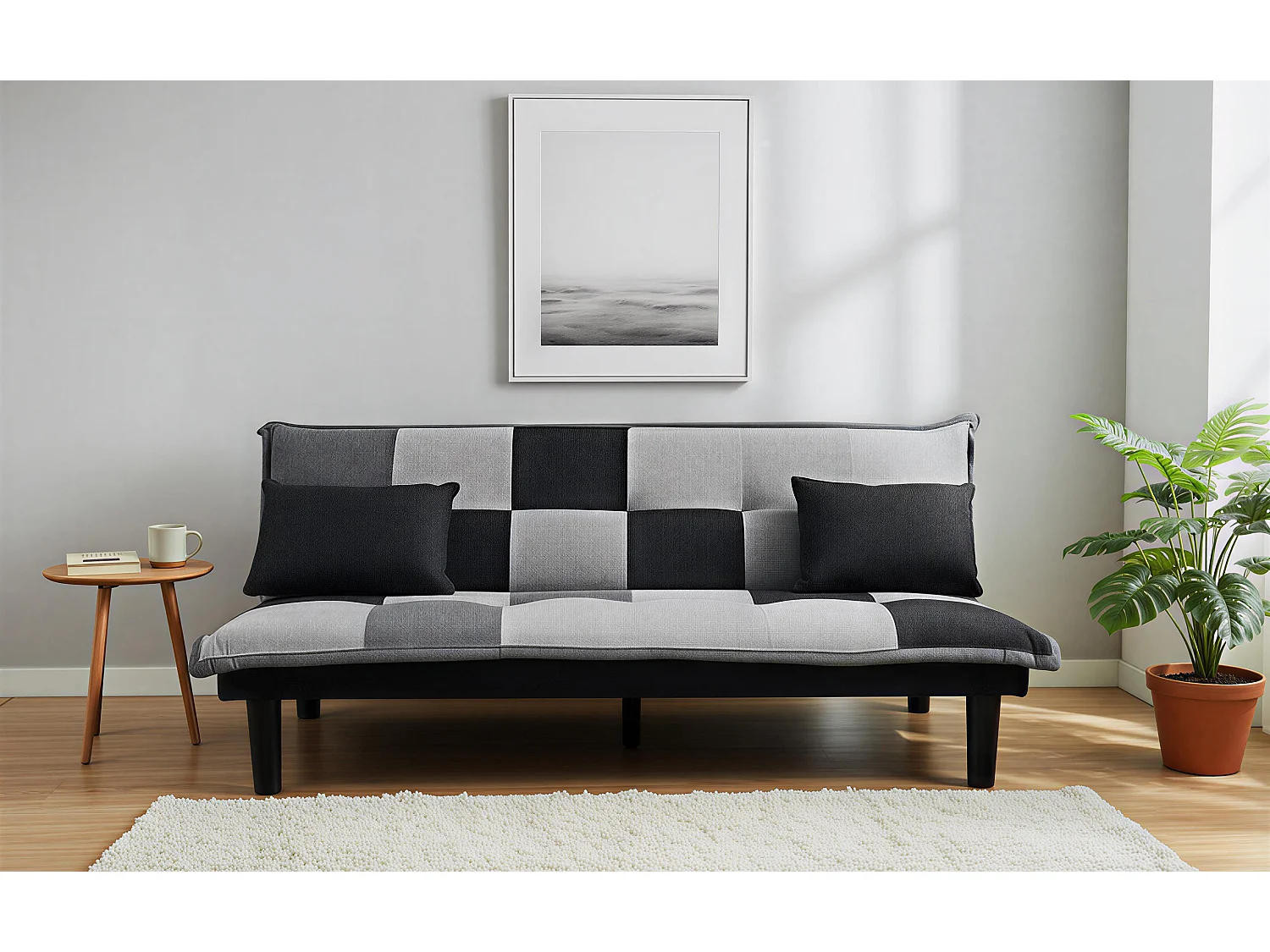 Divano letto clic clac Russell, in tessuto grigio scuro-nero-grigio chiaro
