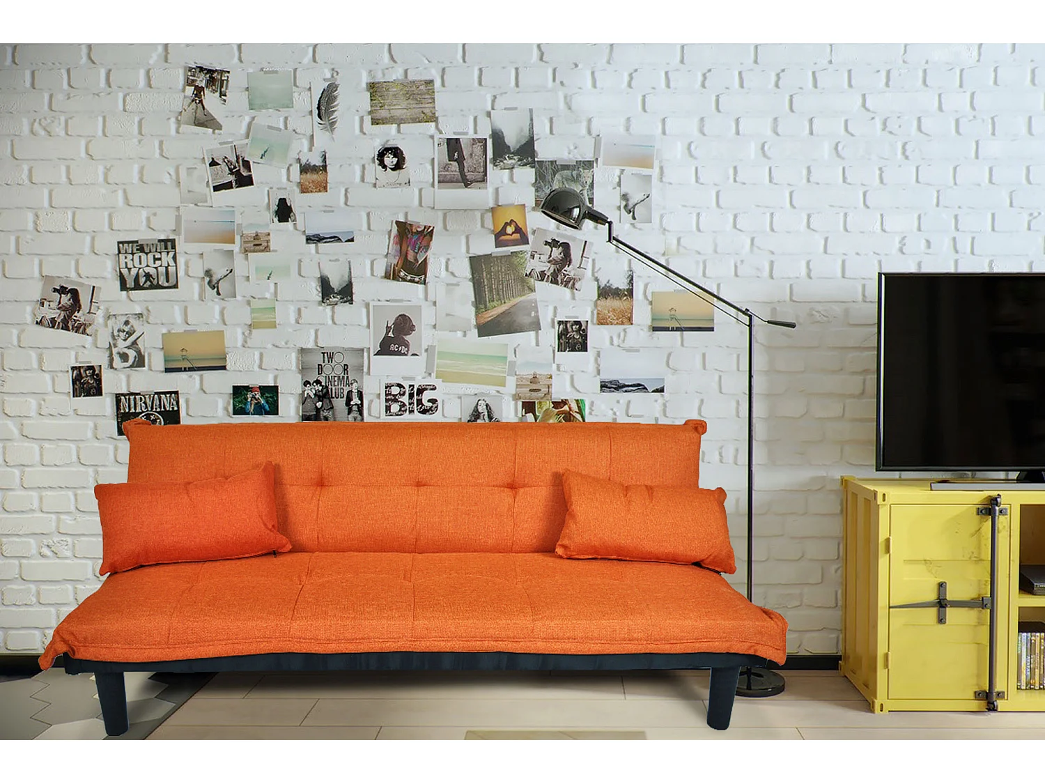 Divano letto clic clac, divanetto Russell in tessuto arancione