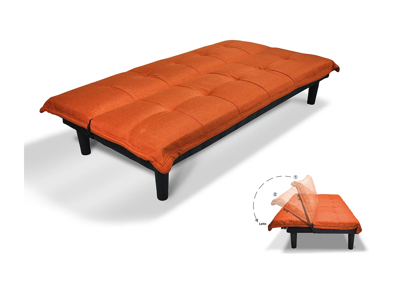 Divano letto clic clac, divanetto Russell in tessuto arancione