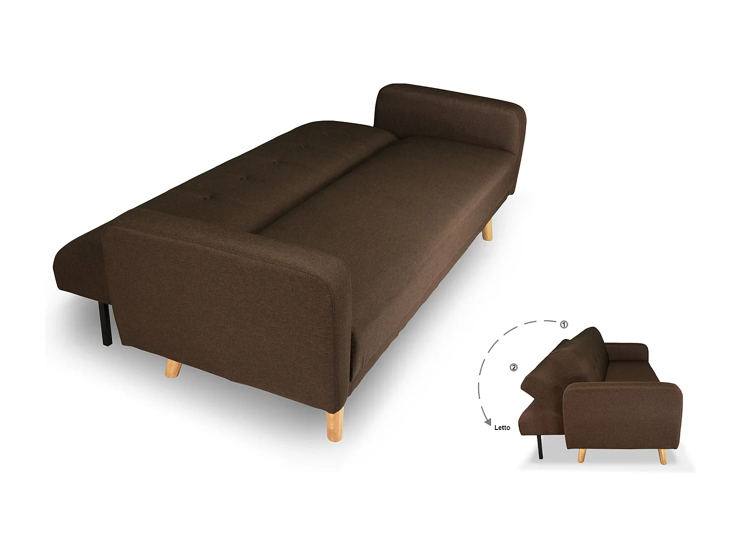 Divano letto clic clac in tessuto marrone, divano 3 posti mod. Henry