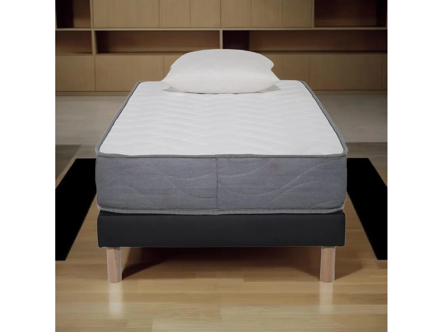 Ensemble Matelas Mousse Luxe - 90x190 et 1 Oreiller mémoire 50x70 - Sommier tapissier noir