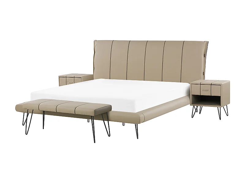 Schlafzimmer Set Bett beige mit Nachttisch Sitzbank Lattenrost 180x200 cm Betin