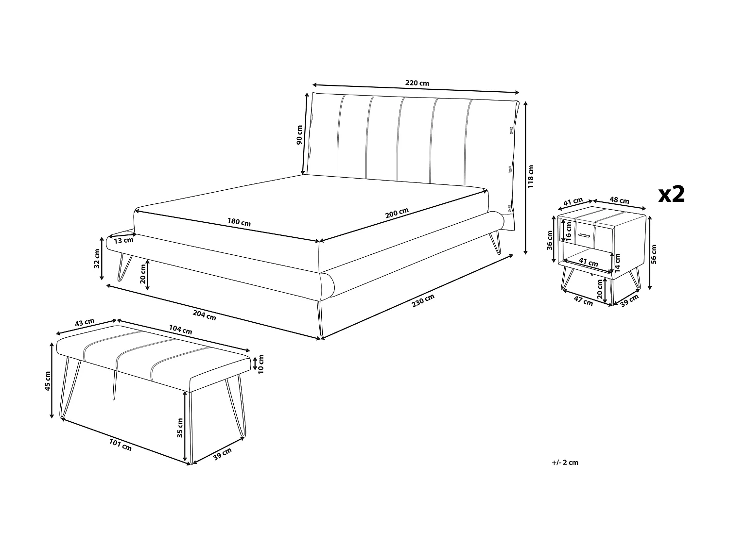 Schlafzimmer Set Bett weiß mit Nachttisch Sitzbank Lattenrost 180x200 cm Betin