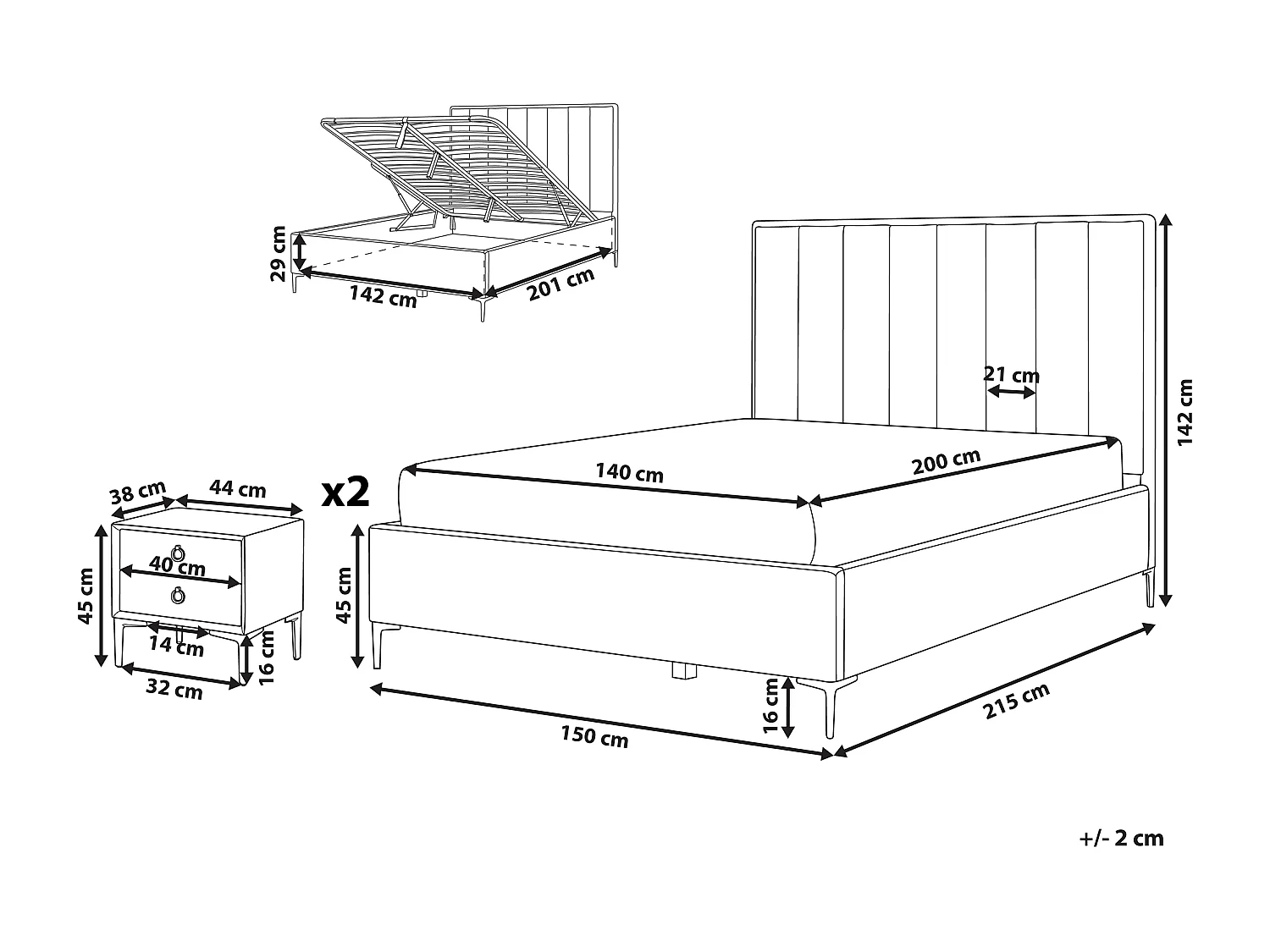 Schlafzimmer Set Samtstoff SEZANNE 140 x 200 cm Hellgrau