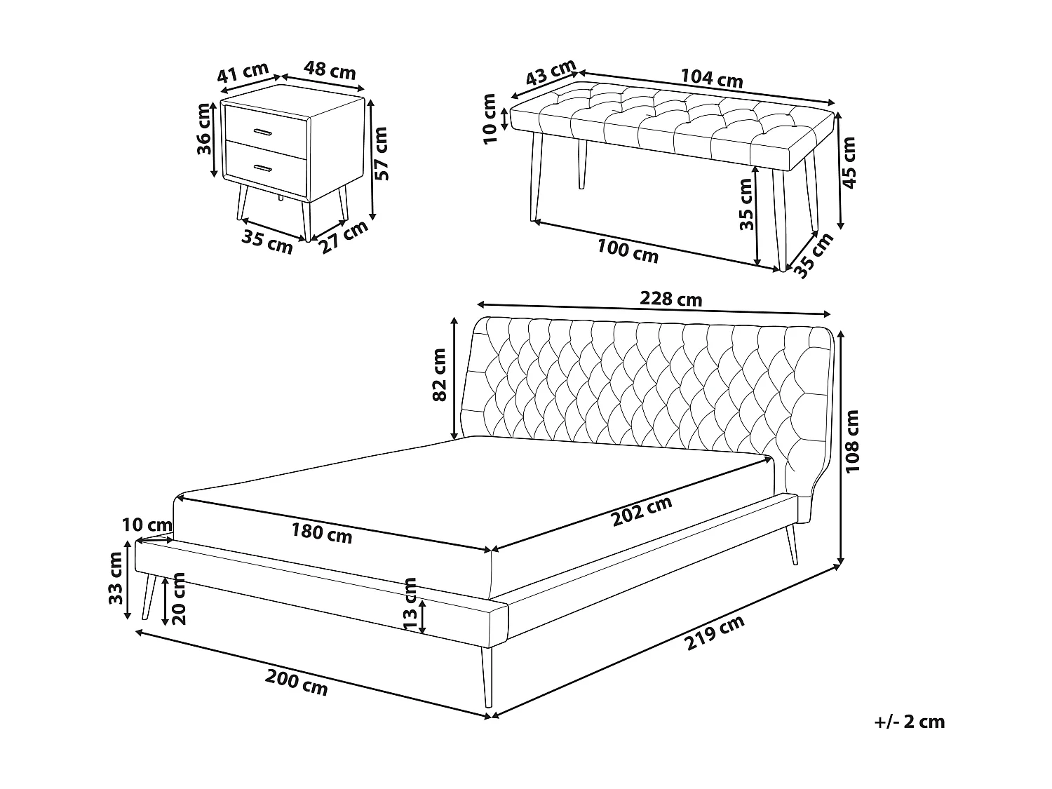 Schlafzimmer Set Bett grau mit Nachttisch Sitzbank Lattenrost 180x200 cm Essonne