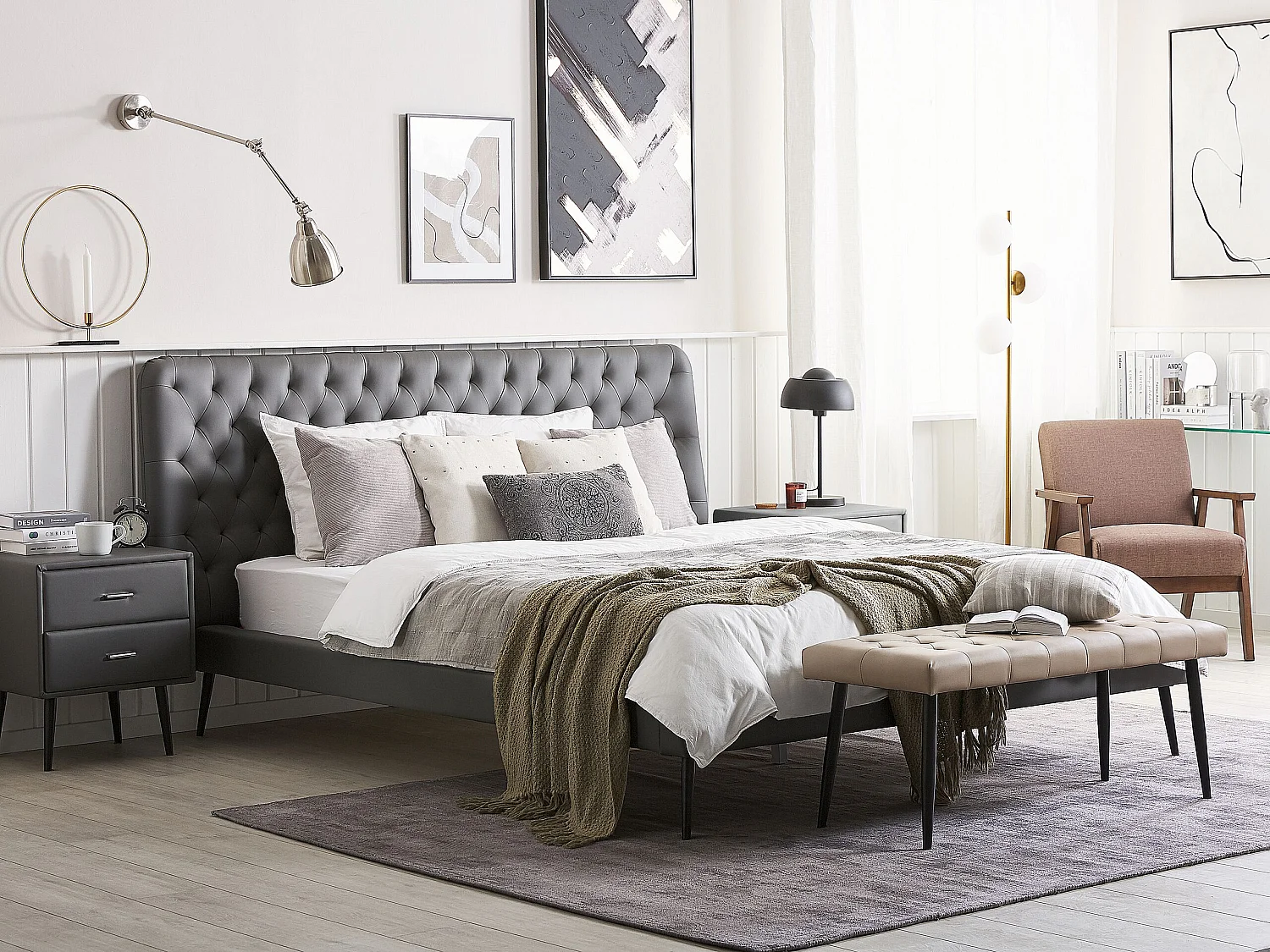 Ensemble de chambre Cuir PU ESSONNE 180 x 200 cm Gris